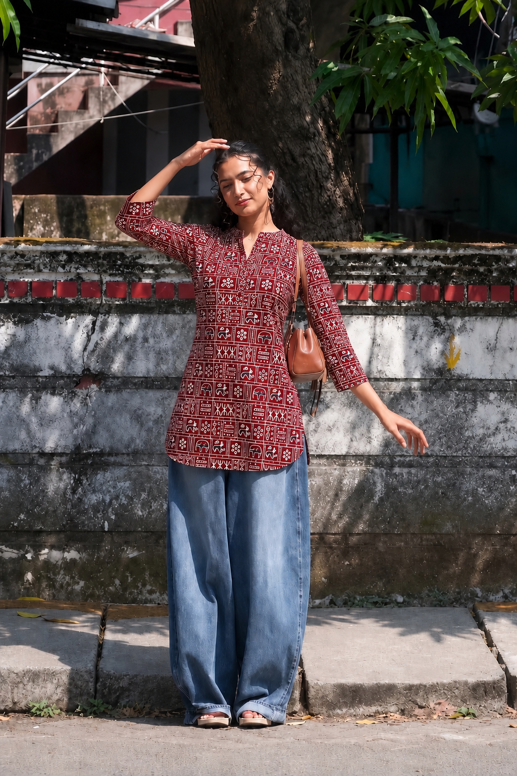 Maroon elephant motif short kurta