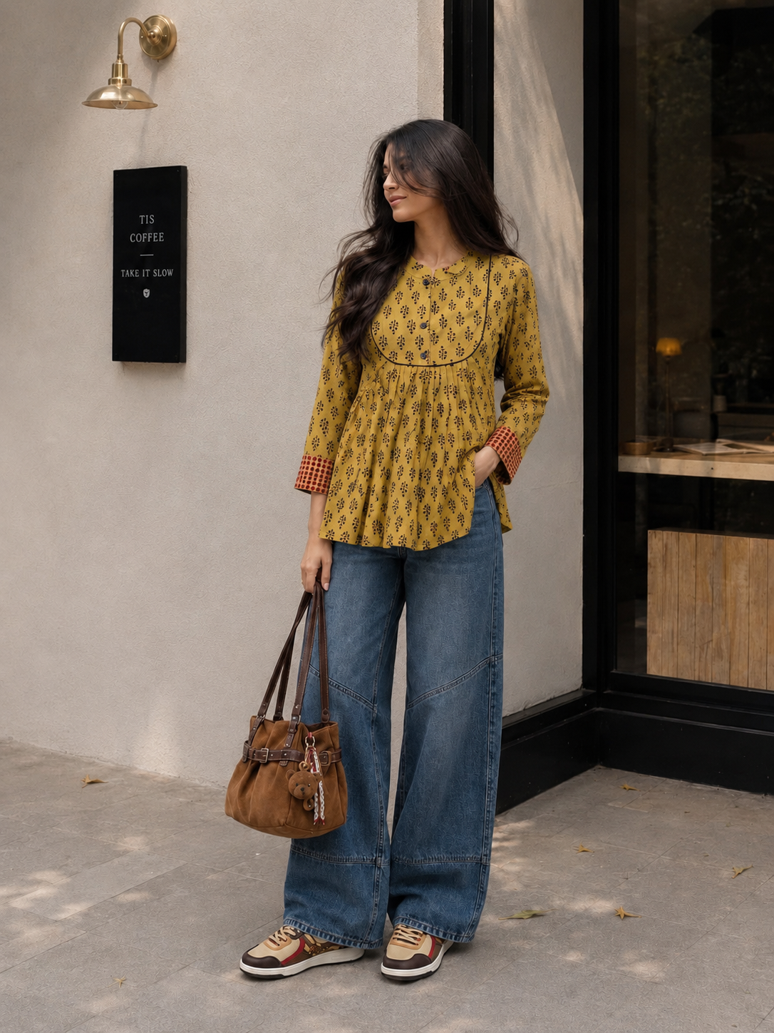 Mustard botanical pleated tunic
