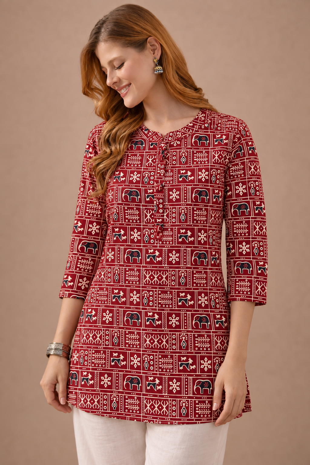 Maroon elephant motif short kurta