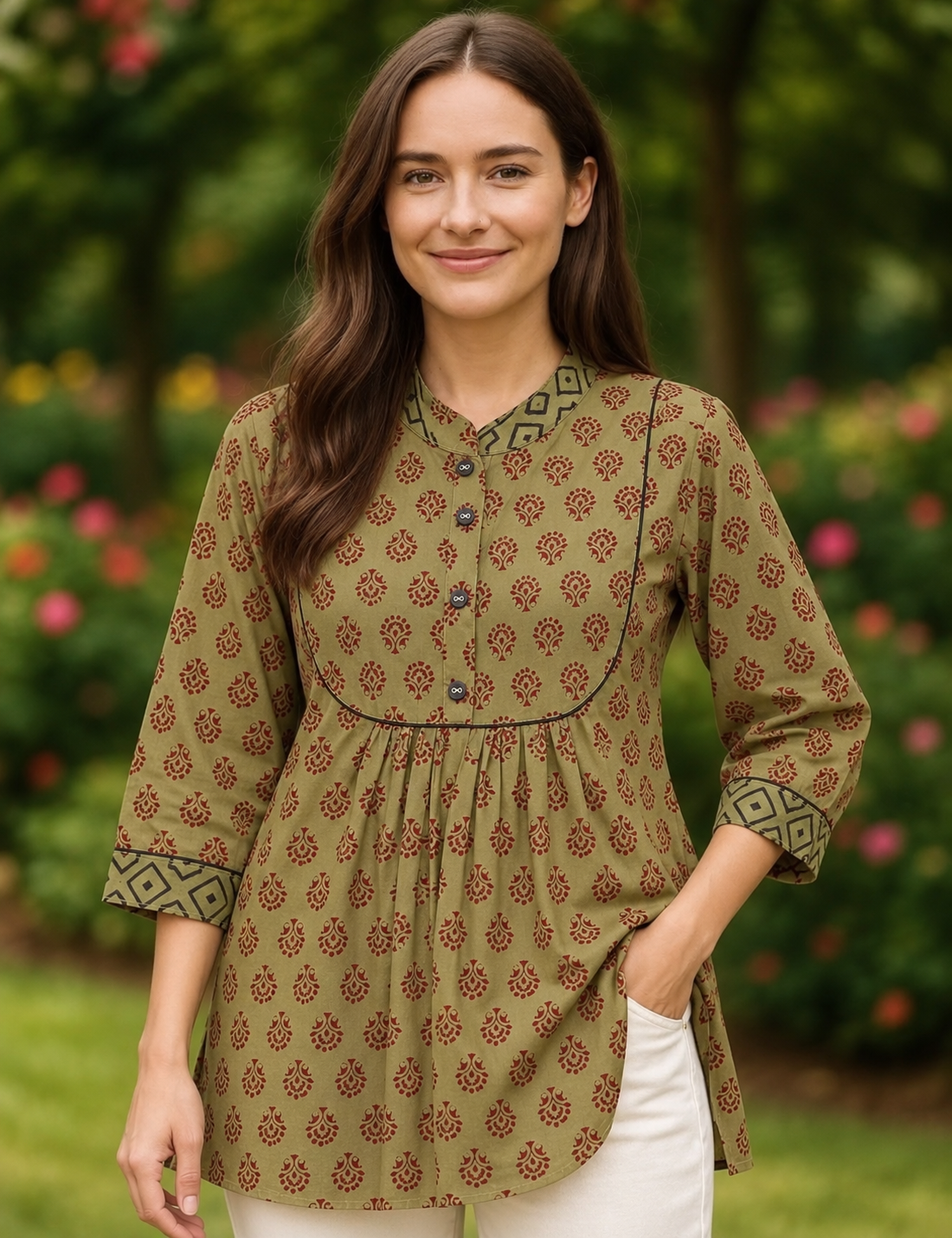Olive floral pleated tunic