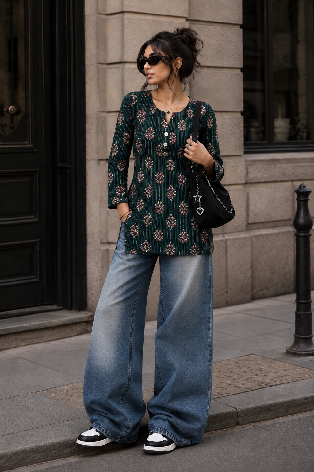 Dark teal floral print kurta
