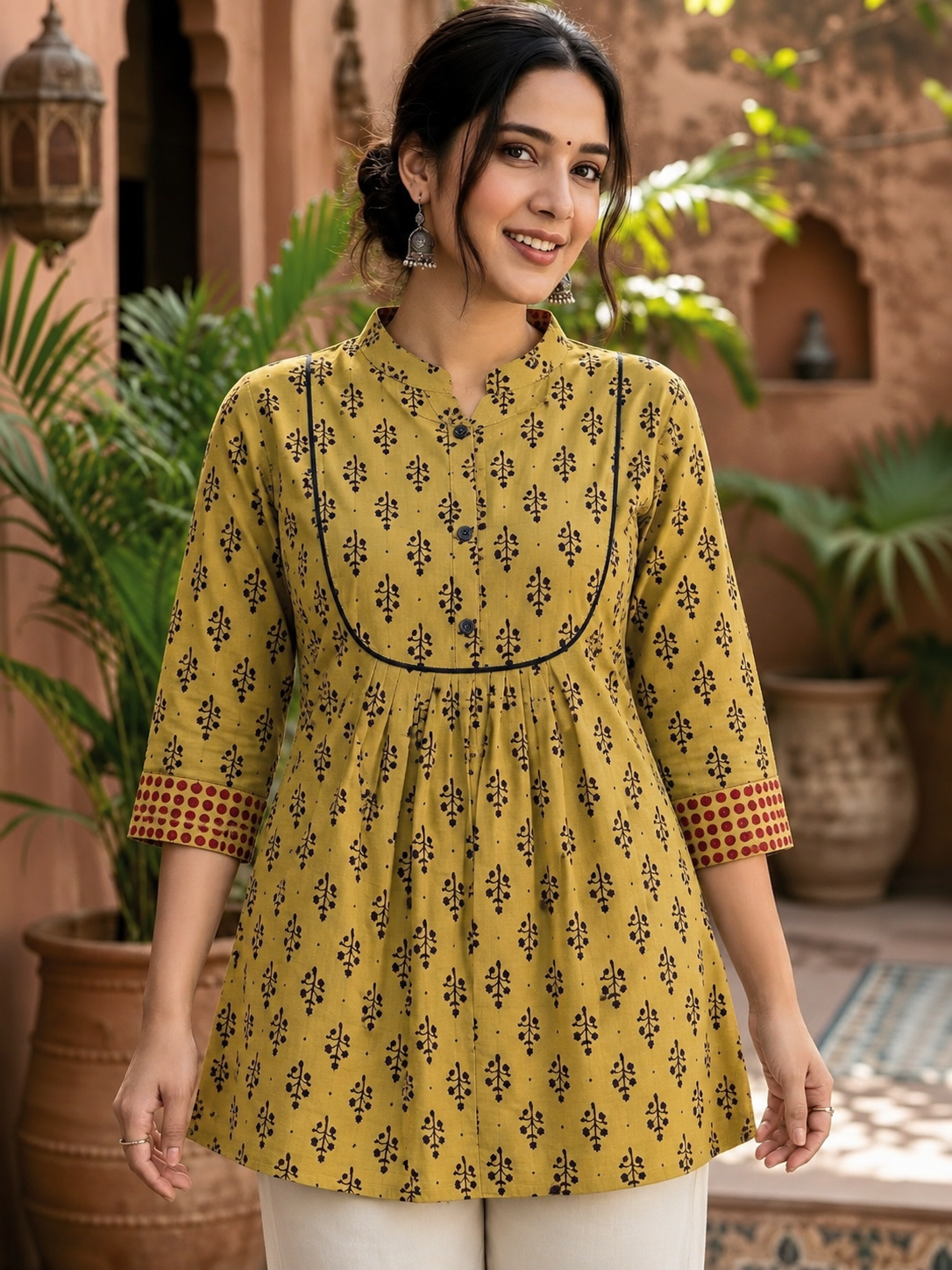 Mustard botanical pleated tunic