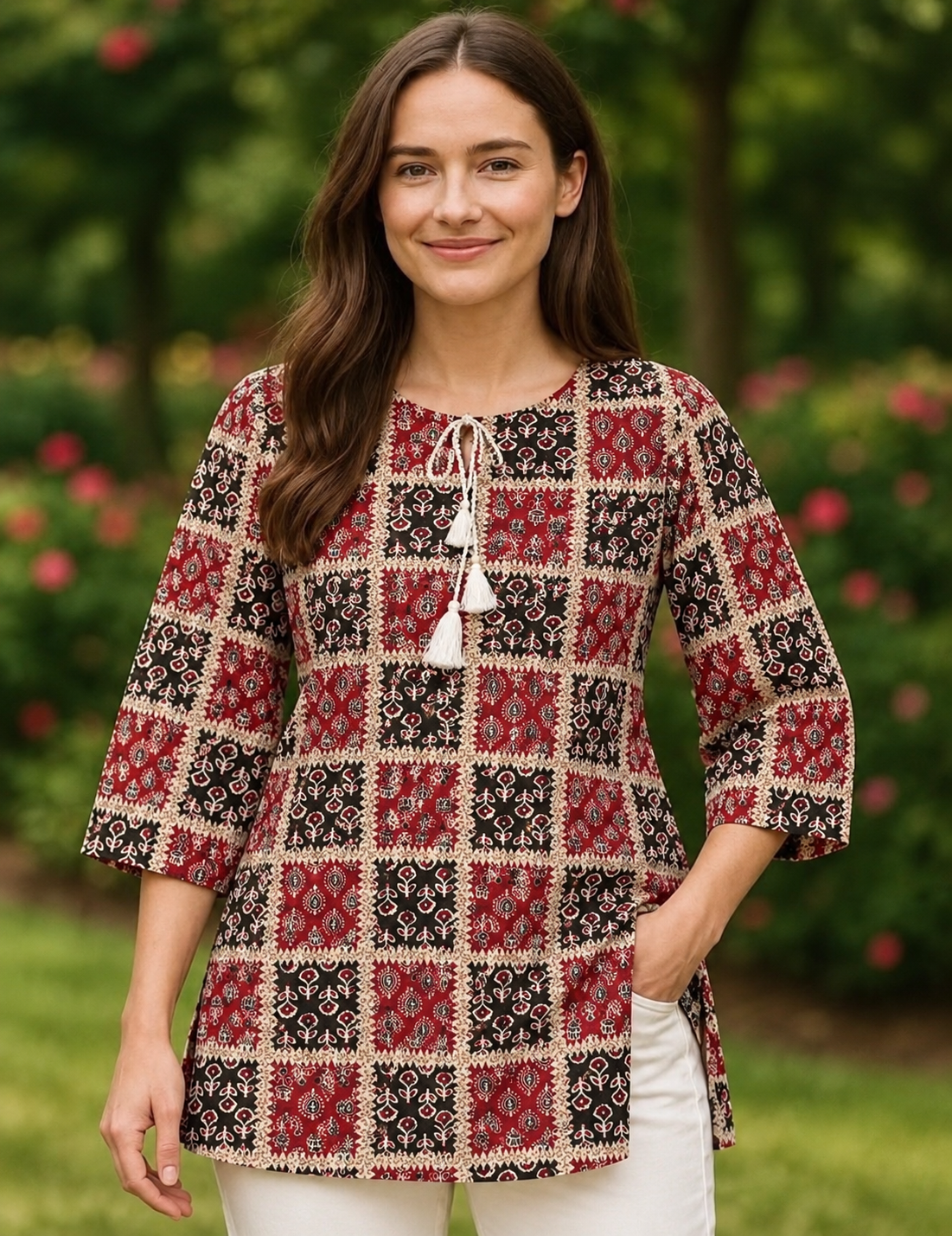 Crimson checkered kurta