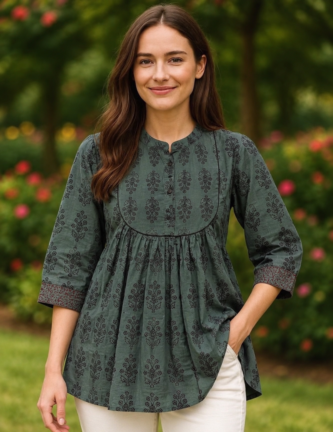 Sage floral pleated tunic