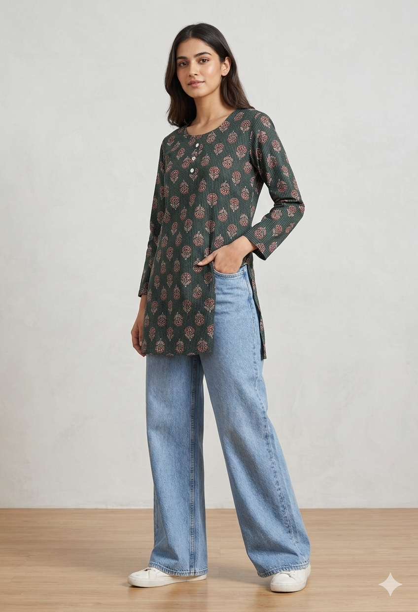Dark teal floral print kurta