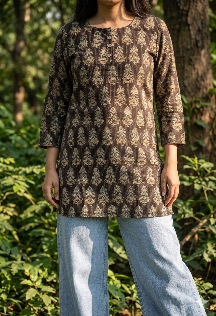 Golden botanical motif kurta