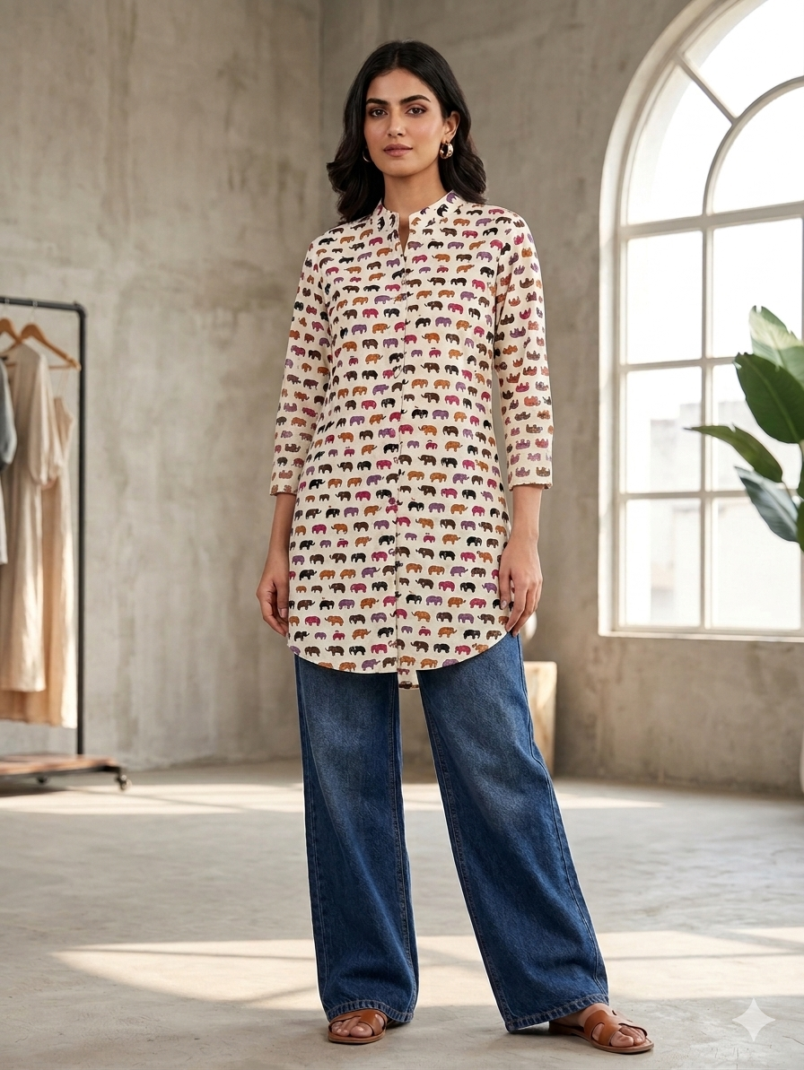 Multicolour elephant motif kurta