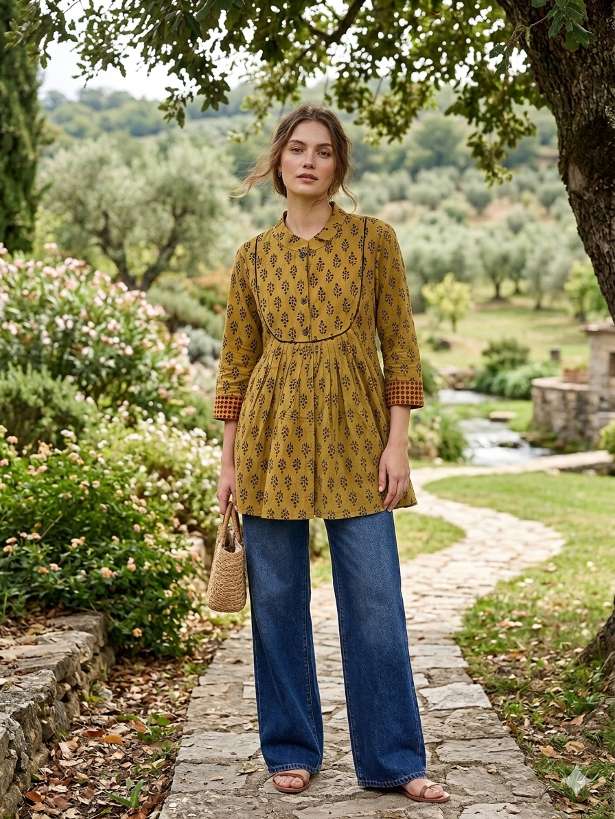 Mustard botanical pleated tunic