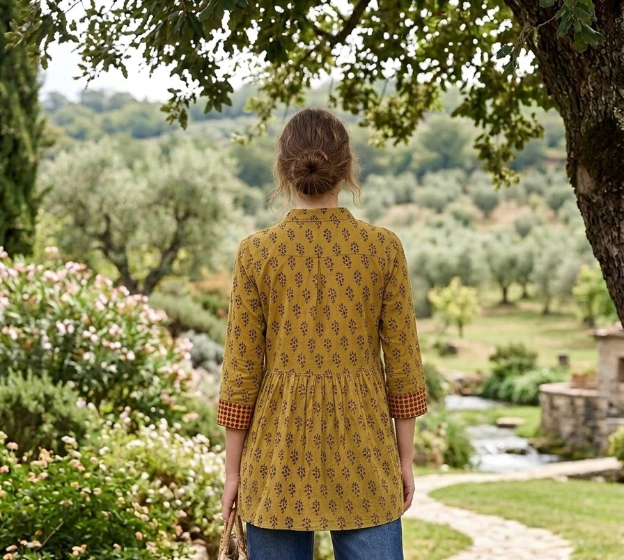 Mustard botanical pleated tunic
