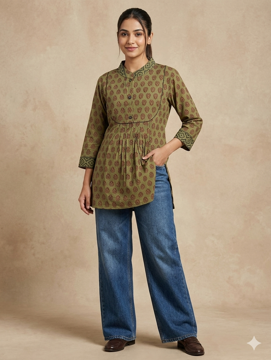 Olive floral pleated tunic