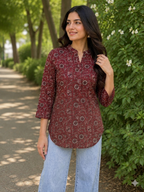 Deep crimson floral vine short kurta