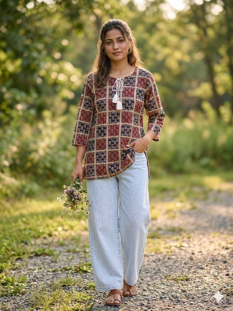 Crimson checkered kurta