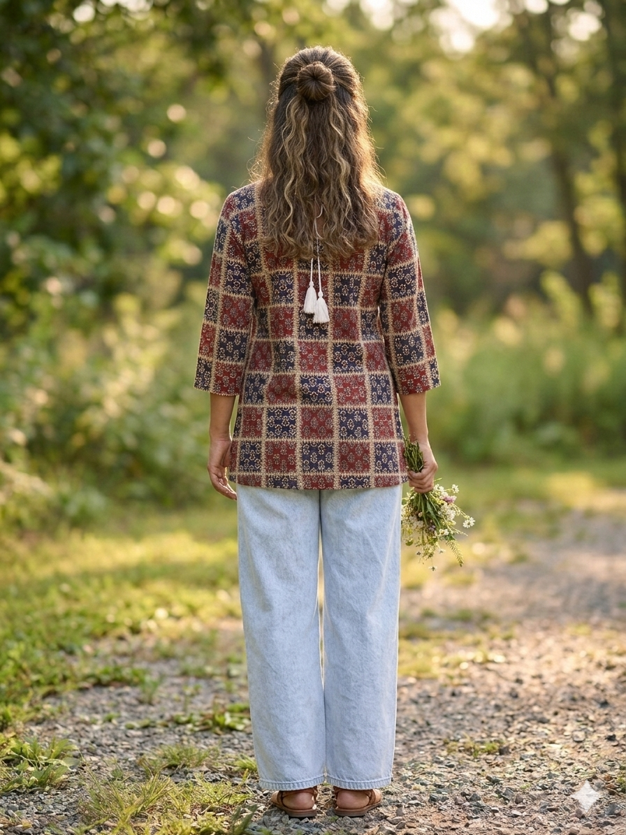 Crimson checkered kurta