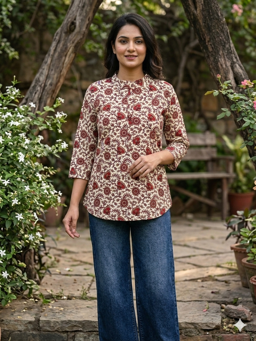Cream floral vine short kurta