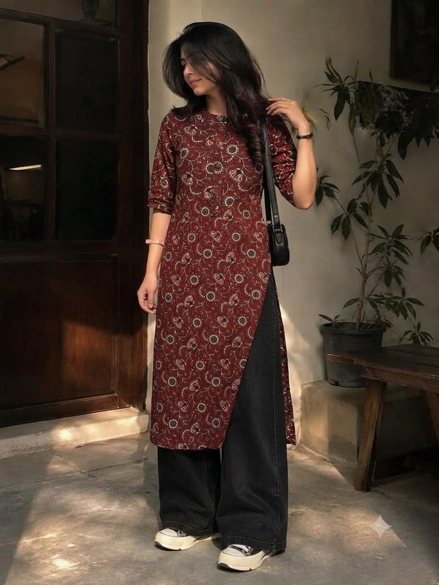 Deep crimson floral vine kurta