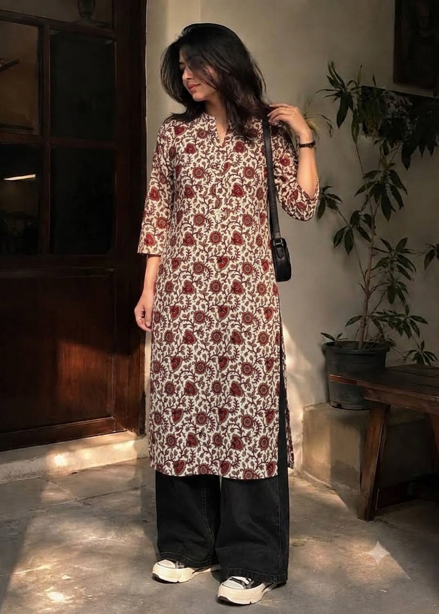 Cream floral vine kurta