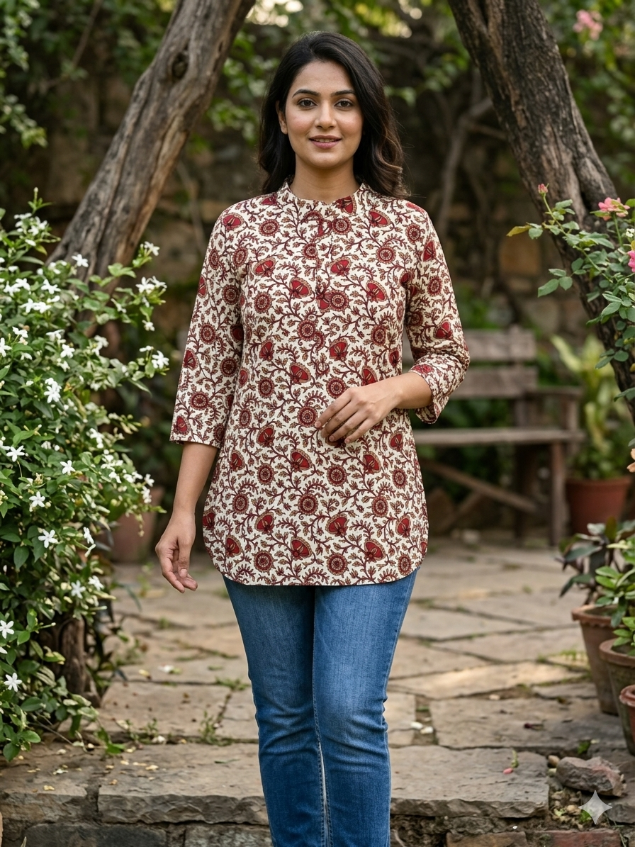 Cream floral vine short kurta