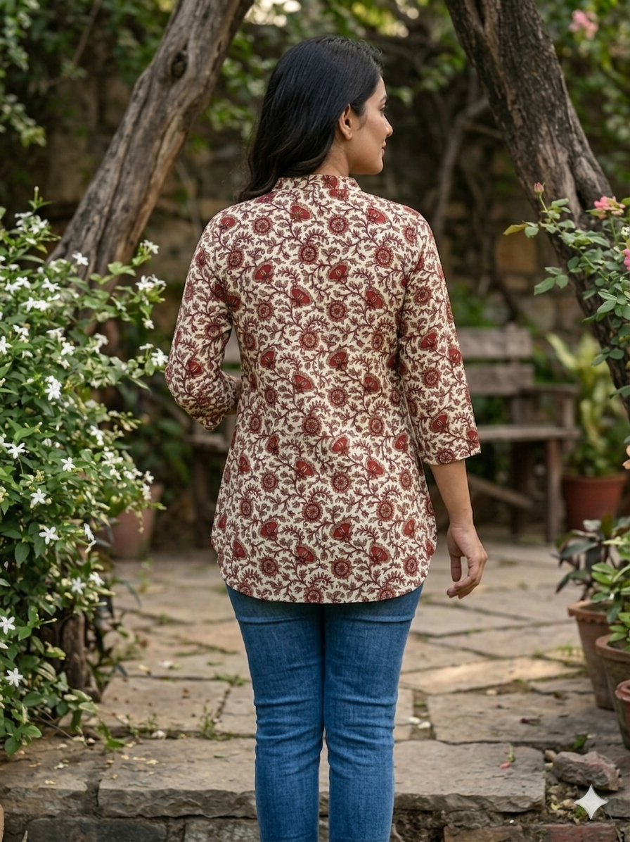 Cream floral vine short kurta