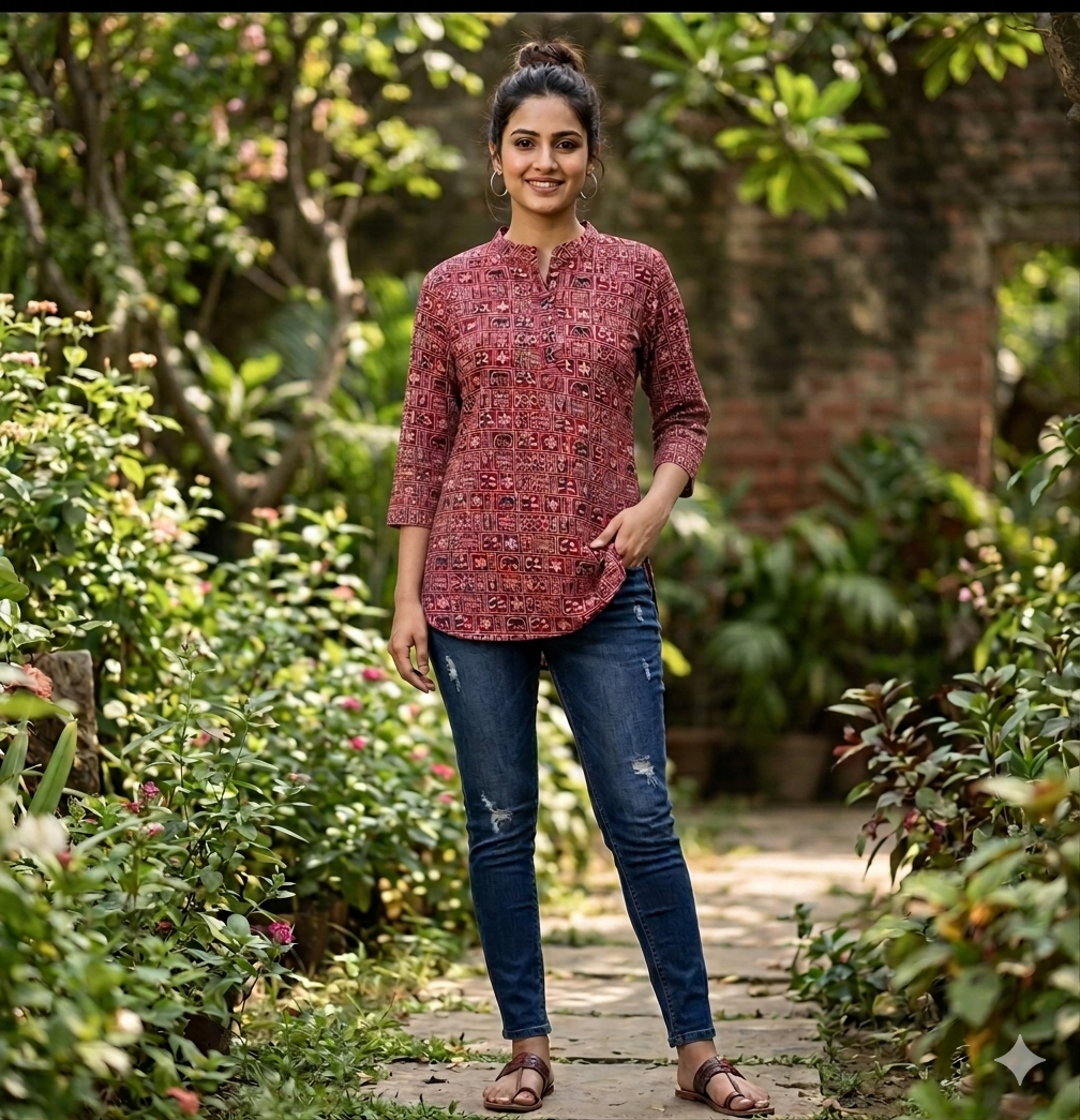 Maroon elephant motif short kurta