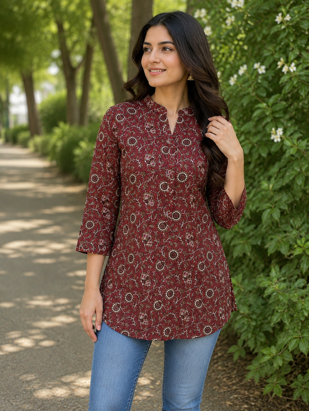 Deep crimson floral vine short kurta
