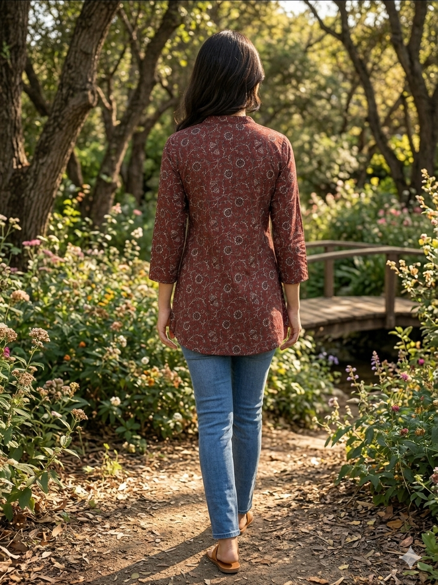 Deep crimson floral vine short kurta