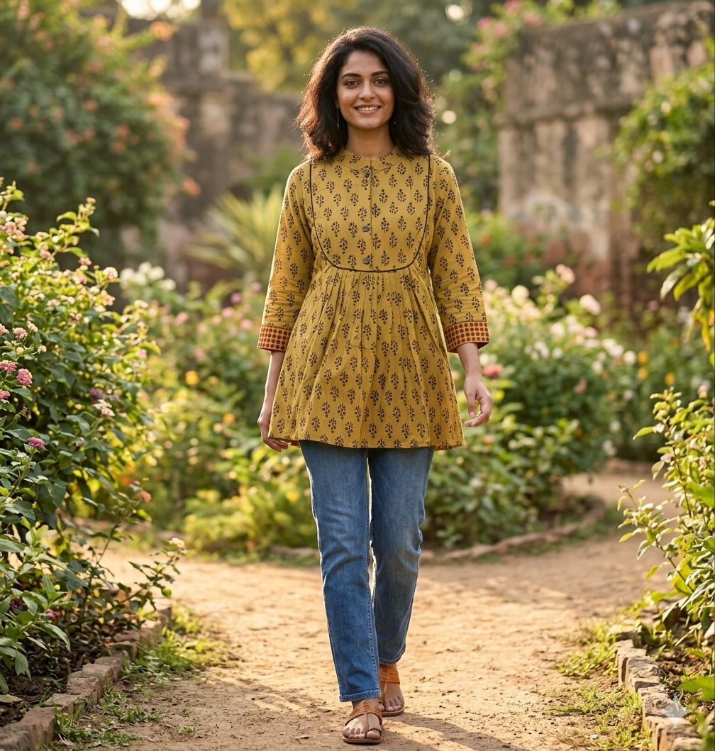 Mustard botanical pleated tunic