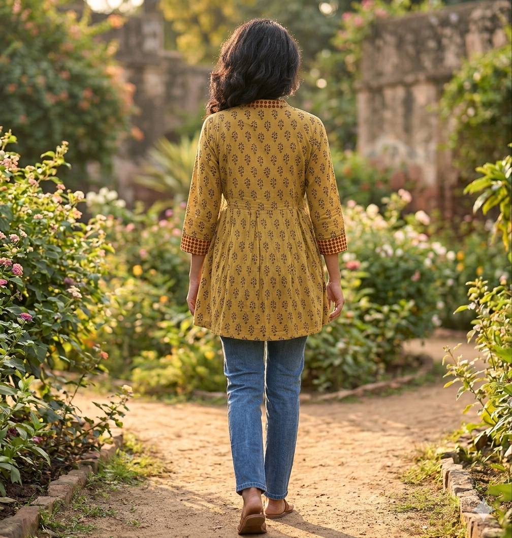 Mustard botanical pleated tunic