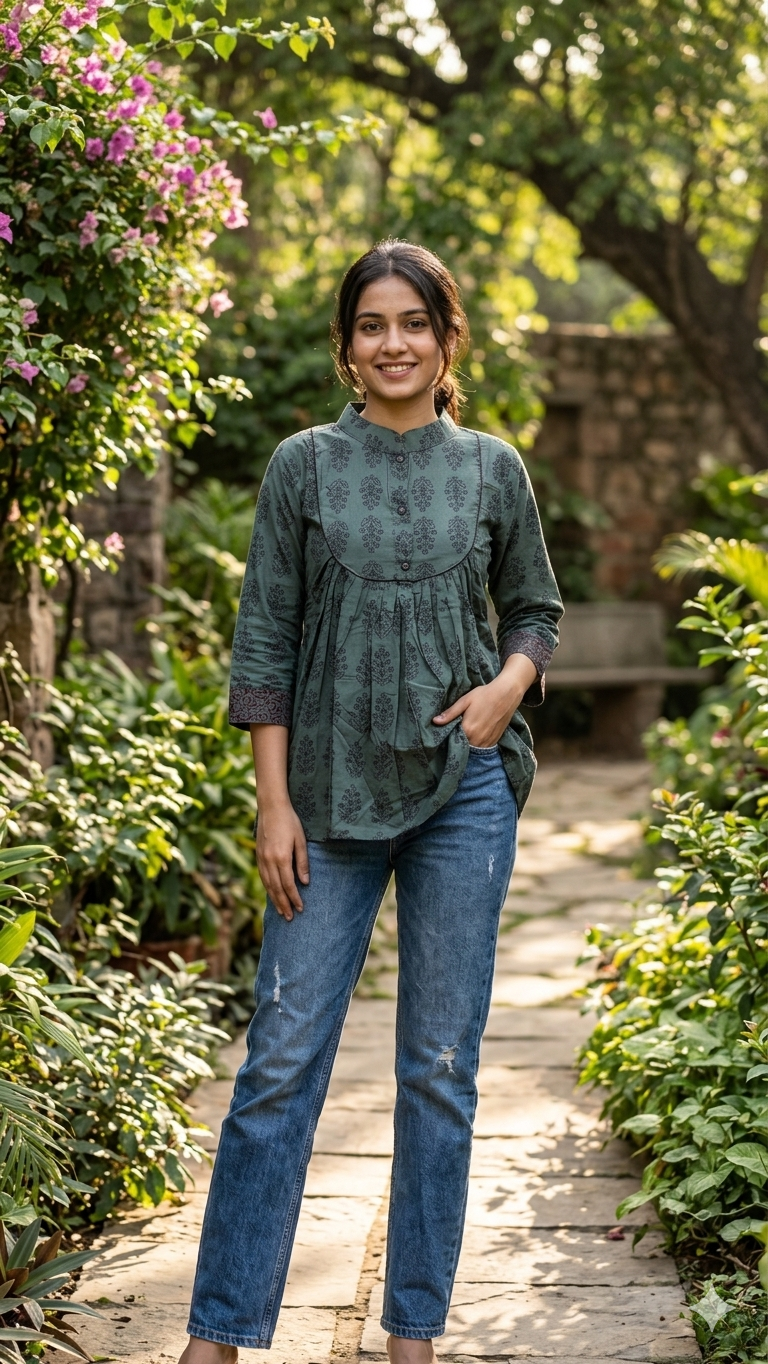 Sage floral pleated tunic